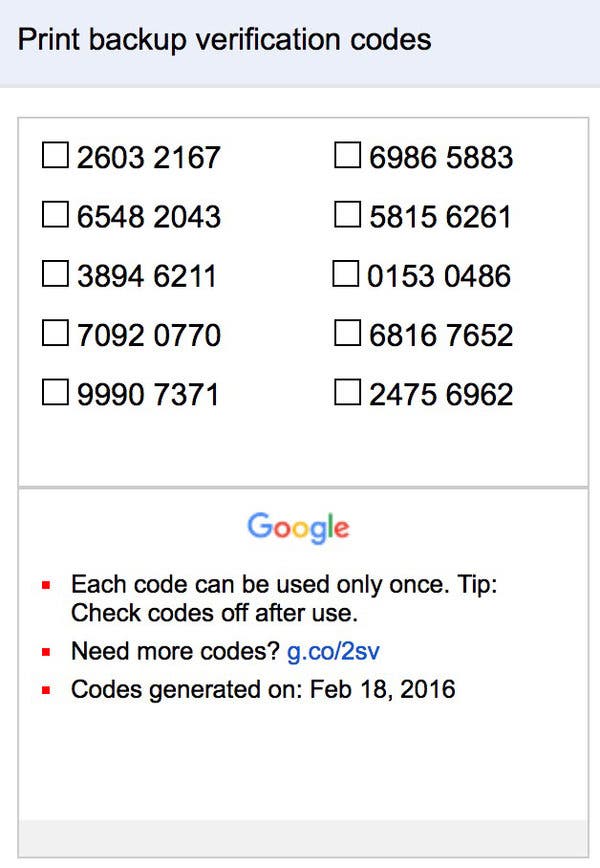 Printing Gmail Backup Codes